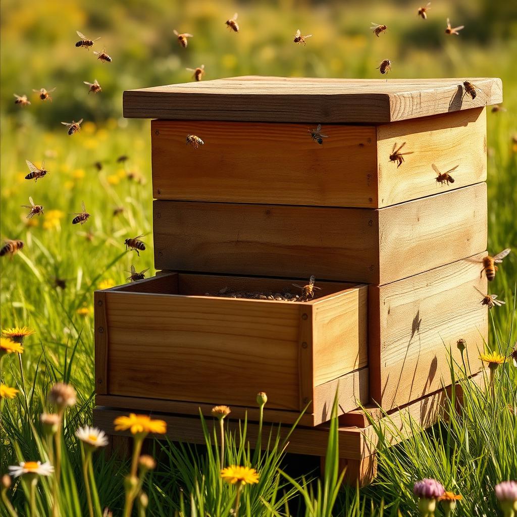 Wooden beehive in a wildflower field with bees