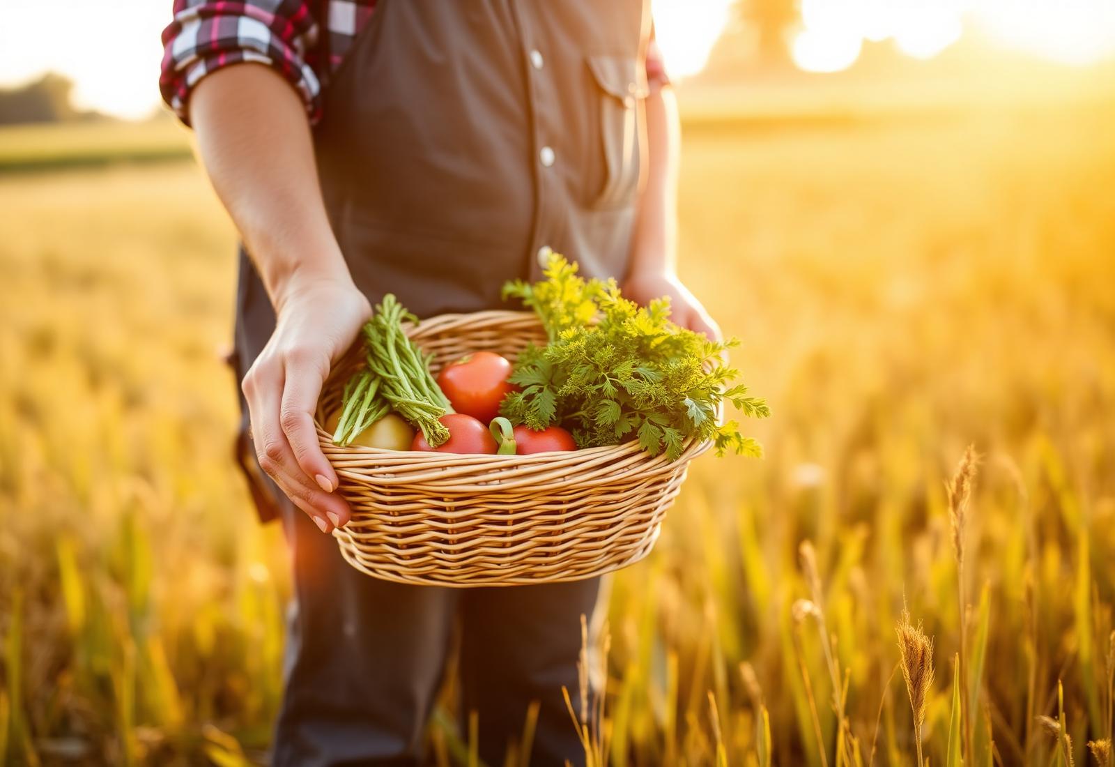 Farmer holding a basket of vegetables