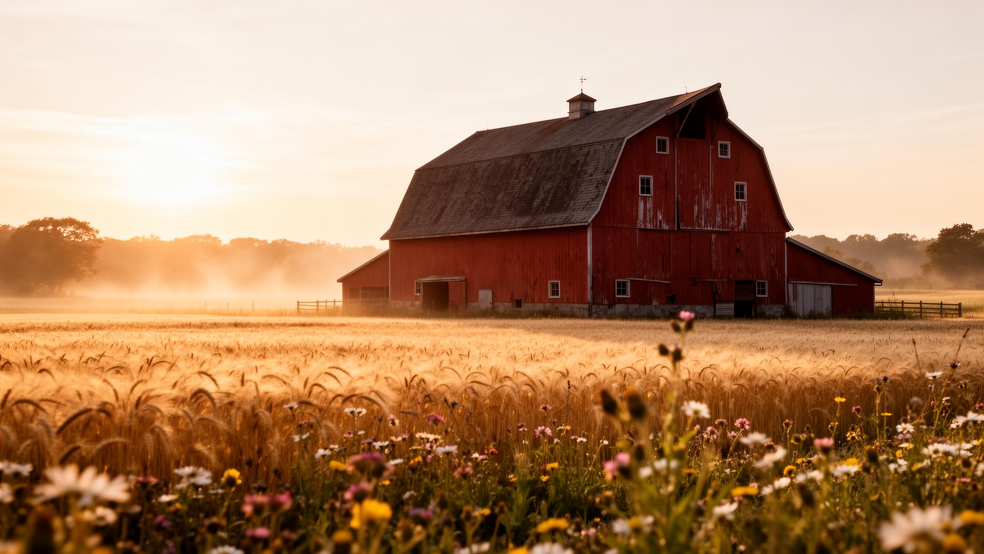 Red barn at sunrise in a wheat field