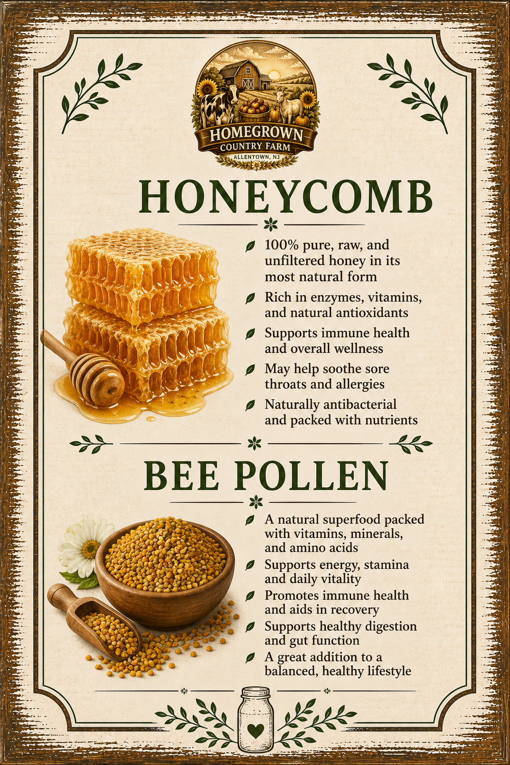 Honeycomb and bee pollen information