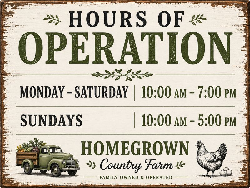 Hours of Operation: Monday-Saturday 10am-7pm, Sundays 10am-5pm