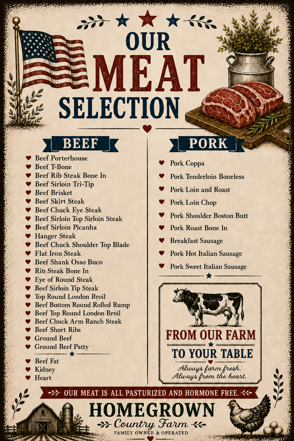 Vintage sign listing our meat selection