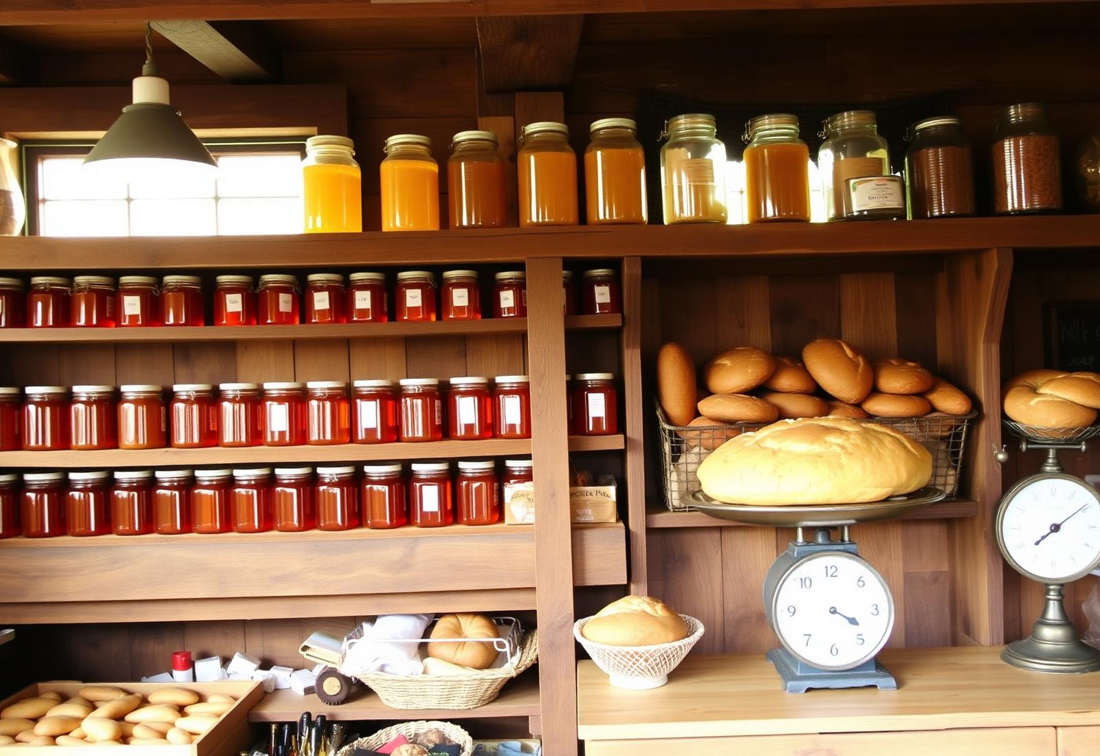 Inside the country store with jars of honey and fresh bread